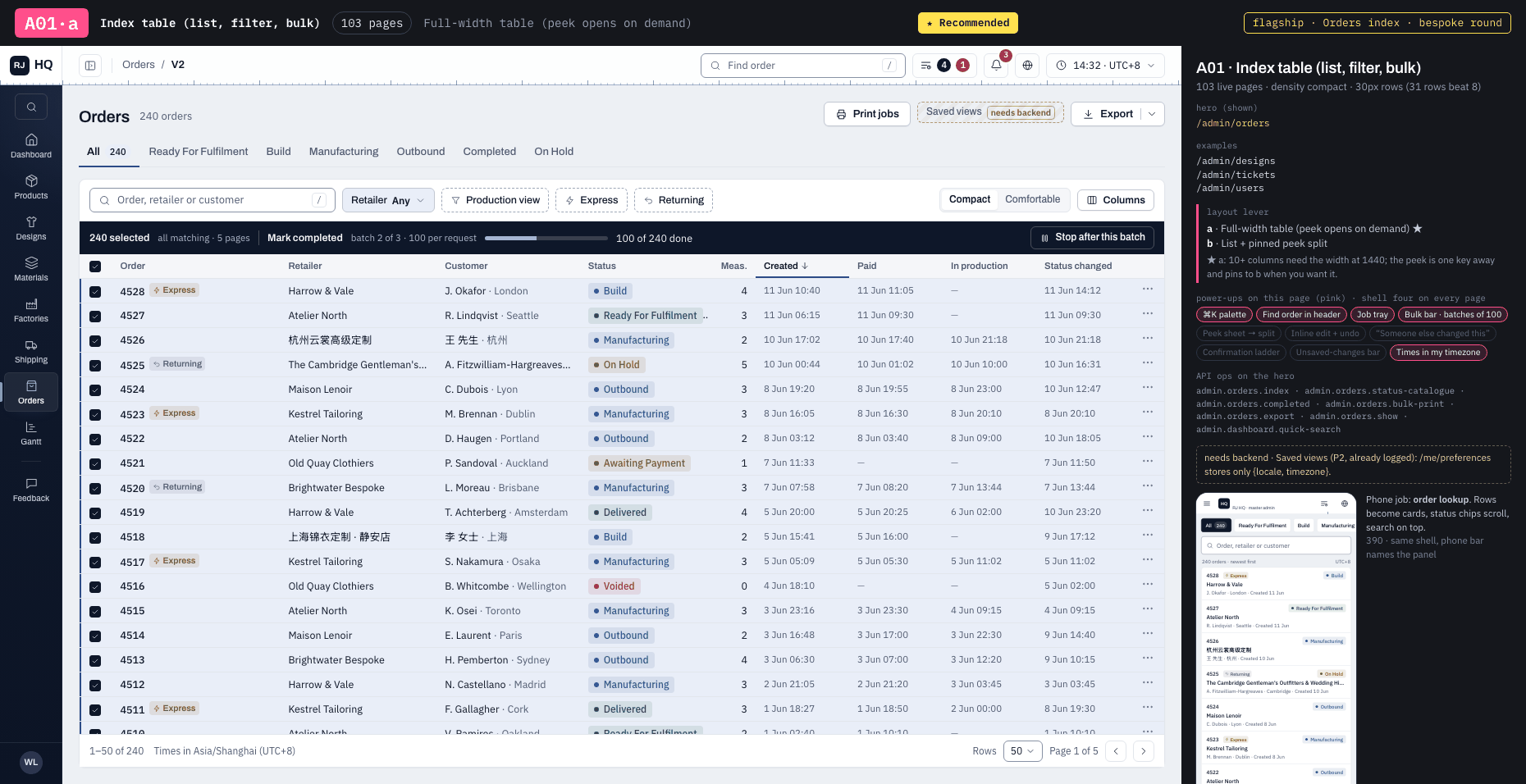 A01·a · Index table (list, filter, bulk) · Full-width table (peek opens on demand) ★