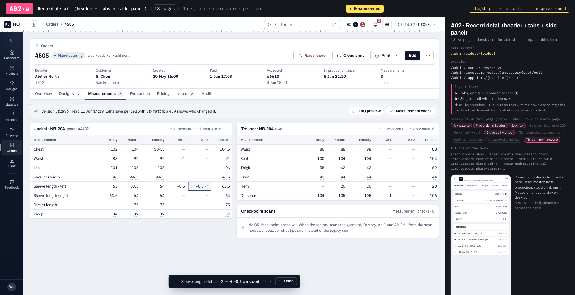 A02·a · Record detail (header + tabs + side panel) · Tabs, one sub-resource per tab ★