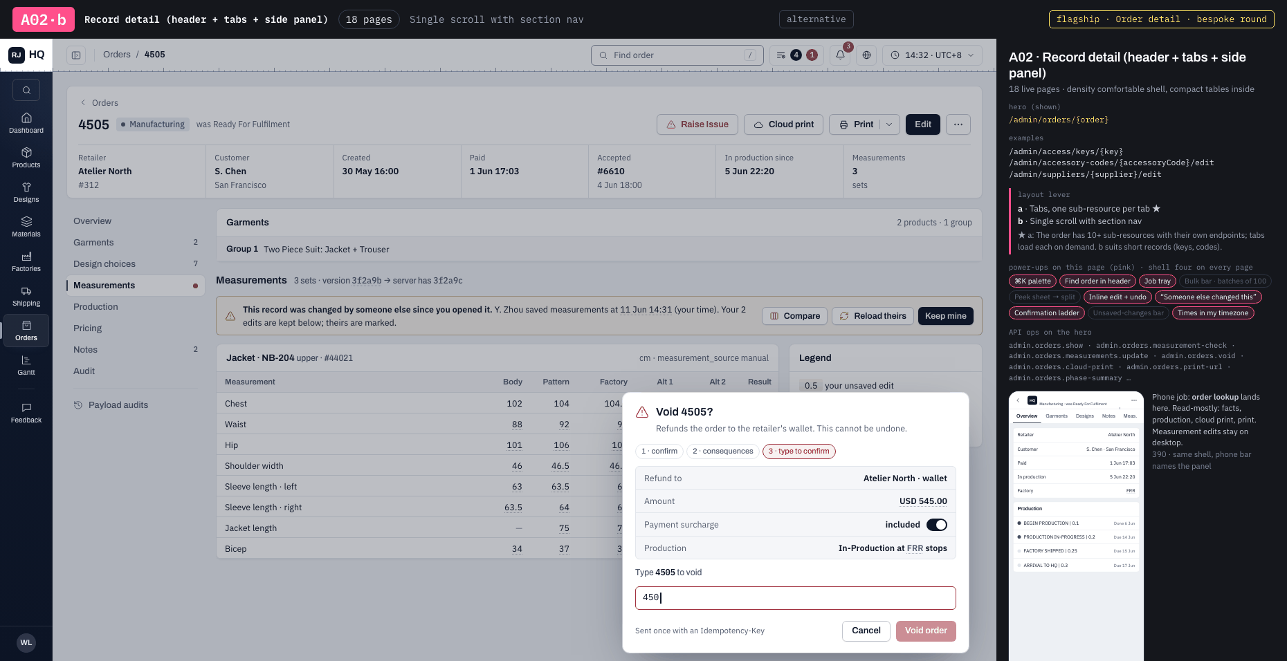 A02·b · Record detail (header + tabs + side panel) · Single scroll with section nav