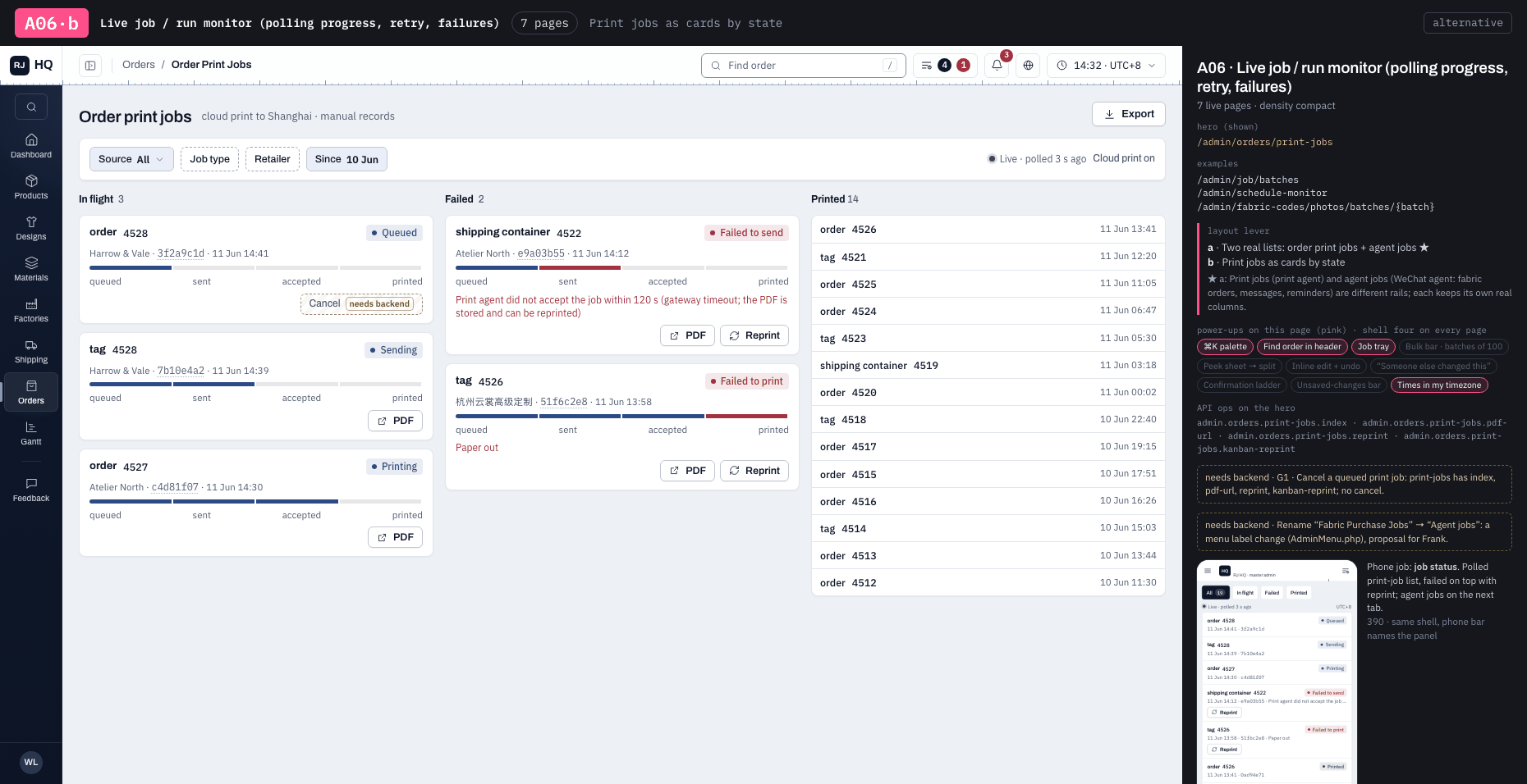 A06·b · Live job / run monitor (polling progress, retry, failures) · Print jobs as cards by state