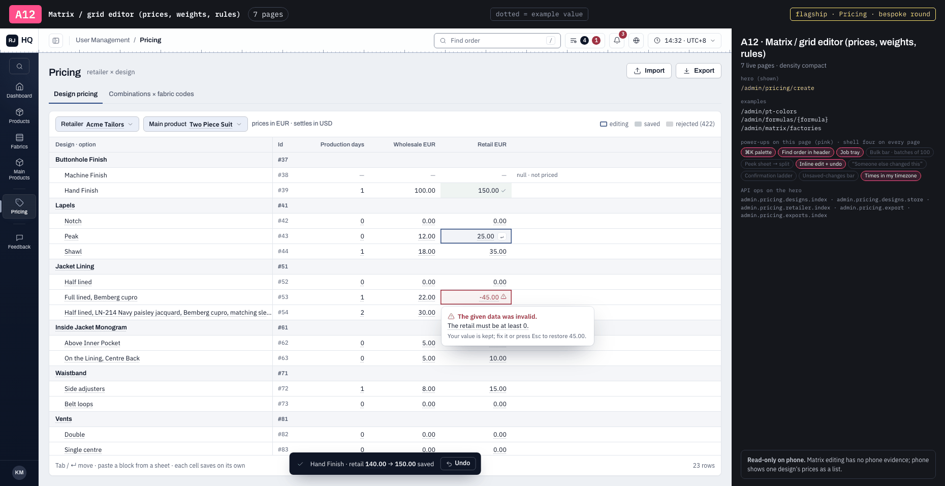 A12 · Matrix / grid editor (prices, weights, rules)